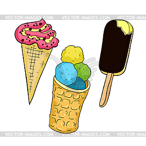Шарики из мороженого в вафельном стекле - векторный рисунок