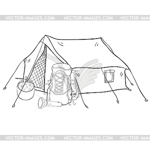 Tent for trekking in nature wth backpack - vector clip art