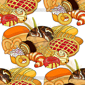 Seamless pattern bakery products in assortment. - vector clipart