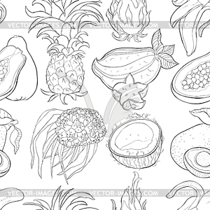 Seamless pattern exotic fruits pandan banana avocad - stock vector clipart