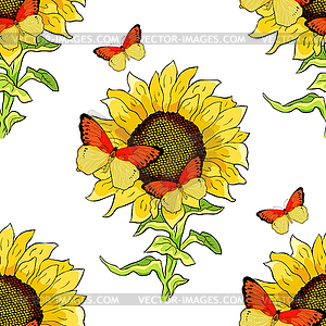 Seamless pattern flower sunflower with Butterfly - vector image
