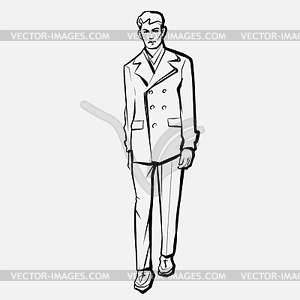 Young men. Fashion male model in coat. Ink pen - vector image