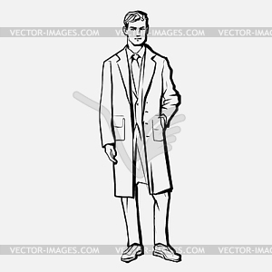 Young men. Fashion male model in coat. Ink pen - vector clipart