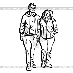 Woman and man on walk. Sketch of young couple. Ink - vector clip art