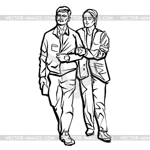 Happy couple hugging and walking. Ink drawing - stock vector clipart