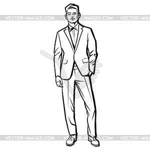Молодая модная мужская модель в костюме - векторный эскиз