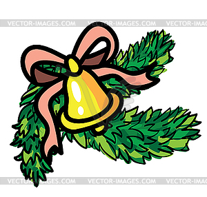 Christmas bell with ribbon and evergreen - vector image