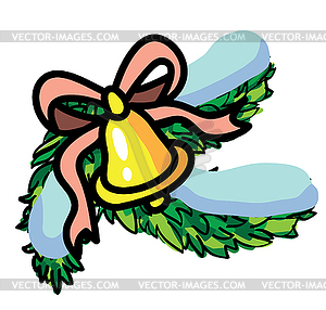 Christmas bell with ribbon and pine trees snow - vector clipart