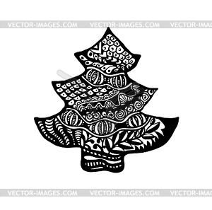 Christmas tree in style zentagl. Cute. Black and - white & black vector clipart