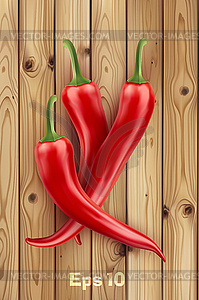 Red hot chilli peppers on old wooden table - vector image