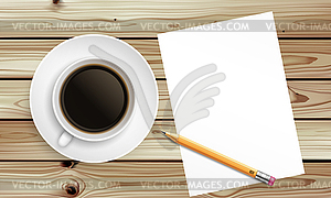 Top view of workplace with coffee cup pencil and - vector clipart