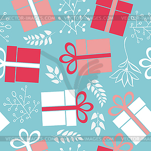 Seamless gift pattern on blue background - vector clipart