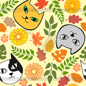 Seamless autumn pattern with cats and leaves - vector clip art