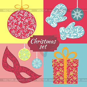 Christmas set. Christmas balls, toys, mittens, gift - vector clip art