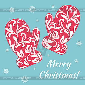 Рождественская открытка: розовые варежки с цветочным узором - векторный клипарт