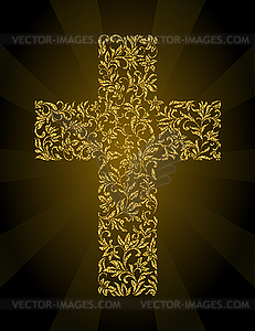 Christian Cross of floral ornament with gold glitter - vector clipart