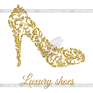 Women`s shoe from floral pattern with gold glitter - vector image