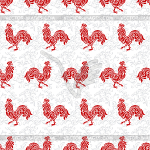 Seamless pattern with roosters made of floral ornament - color vector clipart