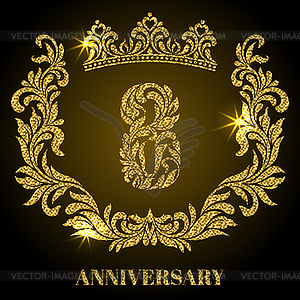 Anniversary of 8 years. Golden digits, frame and crown - vector clipart