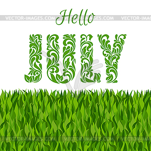 Hello JULY. Decorative Font made in swirls and foliage - vector image