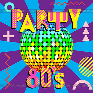 Banner for party in style of eighties. Trendy font - color vector clipart