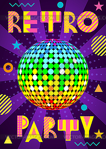 Banner for party in retro style. Disco Ball with rays - vector clip art