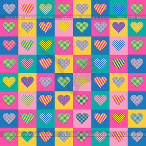 Seamless pattern. Color hearts in colorful squares - vector image