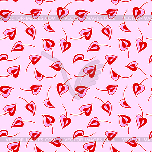 Romantic seamless pattern. Red and pink leaves-hearts - vector image