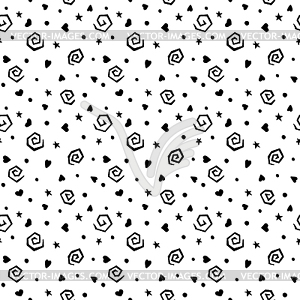 Grungy seamless pattern. Spirals, stars, hearts, dots - vector clip art
