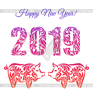 Stylized pigs and numbers 2019 on white background - vector clip art