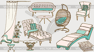 Set of furniture chairs, coffee tables blue beige - vector image