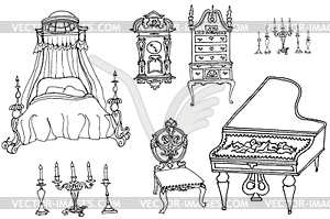 Sketch of set of furniture and antiques - vector clip art