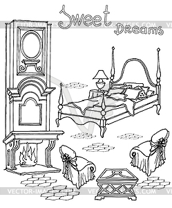 Bed fireplace sweet dreams - vector image