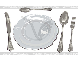 Plate spoon fork white - vector image