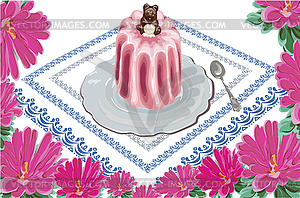 Plate spoon tablecloth aster cake bear - vector clipart