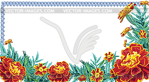 Frame flowers marigold tablecloth - vector image