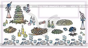 Пригласительный билет с праздничным столом с едой, - клипарт в векторе