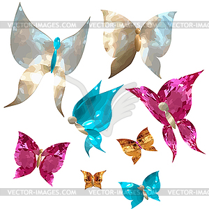 Butterflies and cute hearts in form of gems, - vector image