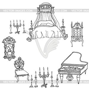 Схема в строках антикварная мебель - кровать - рисунок в векторном формате