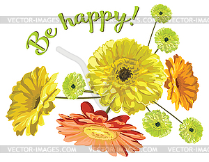 Card with bouquet of flowers brightly drawn gerbera - vector image