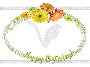 Card with bouquet of flowers brightly drawn gerbera - vector image