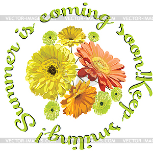 Card with bouquet of flowers brightly drawn gerbera - vector EPS clipart