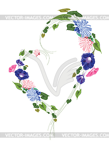 Wreath heart shaped frame made of flowers, leaves - vector image