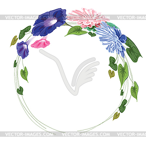 Wreath frame made of flowers, leaves and curly stem - vector clipart