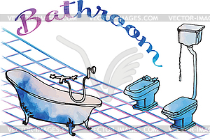 Открытка расписная ванная комната ванная комната на ногах - векторный клипарт