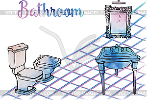 Postcard painted bathroom washbasin with antique - vector clipart