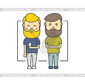 Flat hipster men with beard using smartphone - vector clipart / vector image