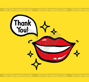 Поп-арт улыбается красные губы с текстом Спасибо - изображение векторного клипарта