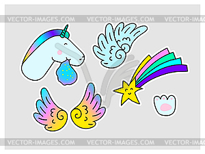 Unicorns Star Wings Paw print. Fantasy Stickers set - vector clipart