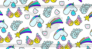 Unicorns Star Wings Paw print. Fantasy Stickers set - vector clip art